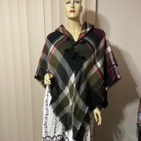 Jackets & Blazers - Women Men Autumn Winter One Size Plaid Shawl Button Front Plaid Poncho Sweater